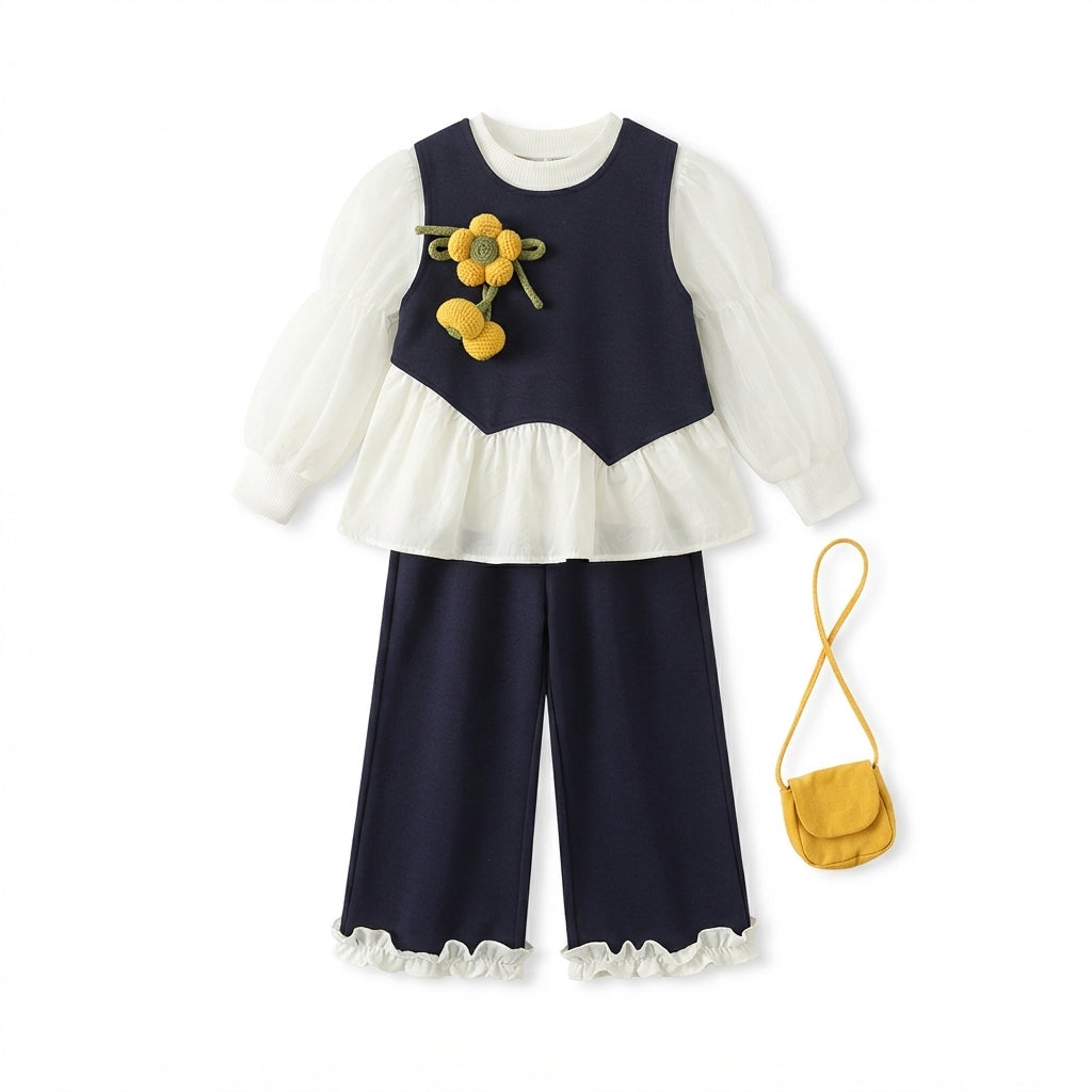 [WHOLESALE ONLY - CONTACT TO ORDER] Toddler Girls 3-Piece Navy Vest Peplum Top & Wide Leg Ruffle Pants Set with Crossbody Bag - 3D Knit Flower Boutique Outfit[KW-165]