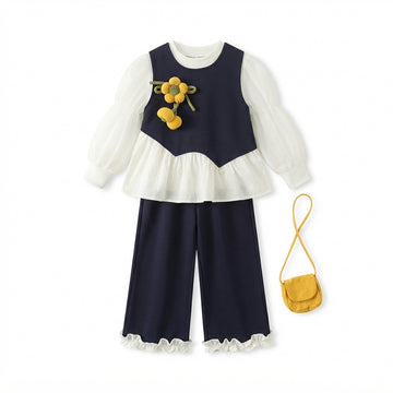 [WHOLESALE ONLY - CONTACT TO ORDER] Toddler Girls 3-Piece Navy Vest Peplum Top & Wide Leg Ruffle Pants Set with Crossbody Bag - 3D Knit Flower Boutique Outfit[KW-165]