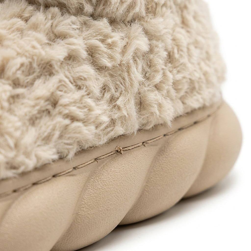 [WHOLESALE ONLY - CONTACT TO ORDER] Unisex Shaggy Fleece Ankle Bootie Slippers - Thick Chunky Bubble Platform Non-Slip Winter House Shoes (Cozy Beige) [FM-108]