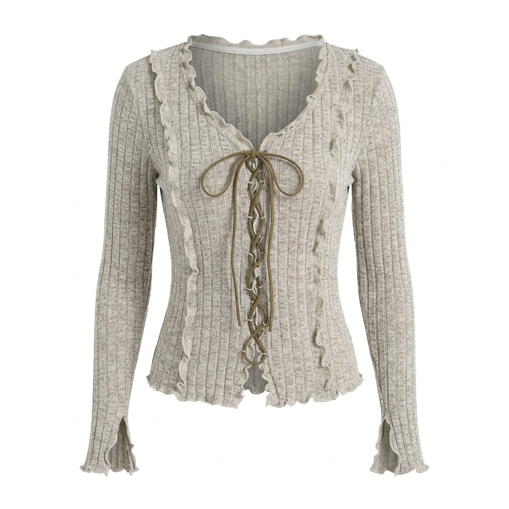 [WHOLESALE ONLY - CONTACT TO ORDER] Women's Fairycore Coquette Lettuce-Trim Ribbed Knit Corset Lace-Up Cardigan Top (Heather Oatmeal & Olive Cord) [AW-192]