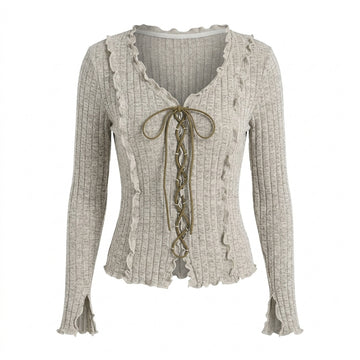 [WHOLESALE ONLY - CONTACT TO ORDER] Women's Fairycore Coquette Lettuce-Trim Ribbed Knit Corset Lace-Up Cardigan Top (Heather Oatmeal & Olive Cord) [AW-192]