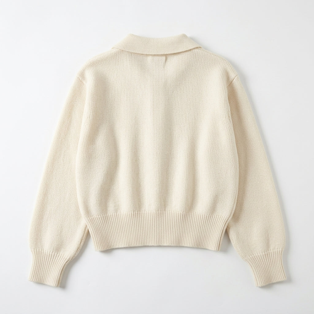 [WHOLESALE ONLY - CONTACT TO ORDER] Women's Preppy Plain Knit Polo Collar Henley Pullover Sweater with Marbled Tortoise Buttons (Cream Ivory) [AW-216]