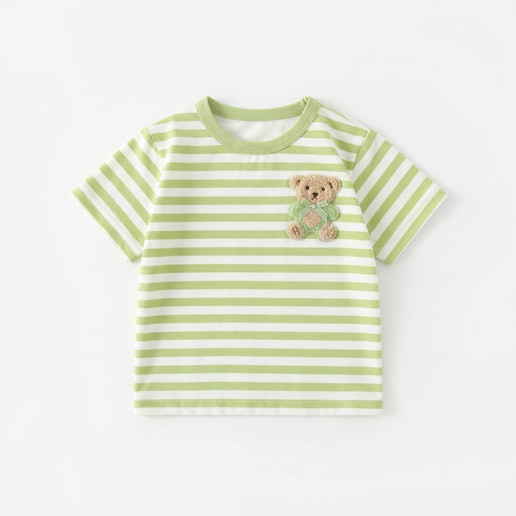 [WHOLESALE ONLY - CONTACT TO ORDER] Toddler Baby Sage Green Striped Short Sleeve T-Shirt - 3D Fuzzy Sherpa Teddy Bear Patch Summer Tee[KW-141]