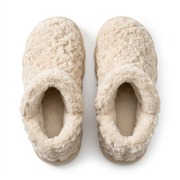 [WHOLESALE ONLY - CONTACT TO ORDER] Unisex Shaggy Fleece Ankle Bootie Slippers - Thick Chunky Bubble Platform Non-Slip Winter House Shoes (Cozy Beige) [FM-108]