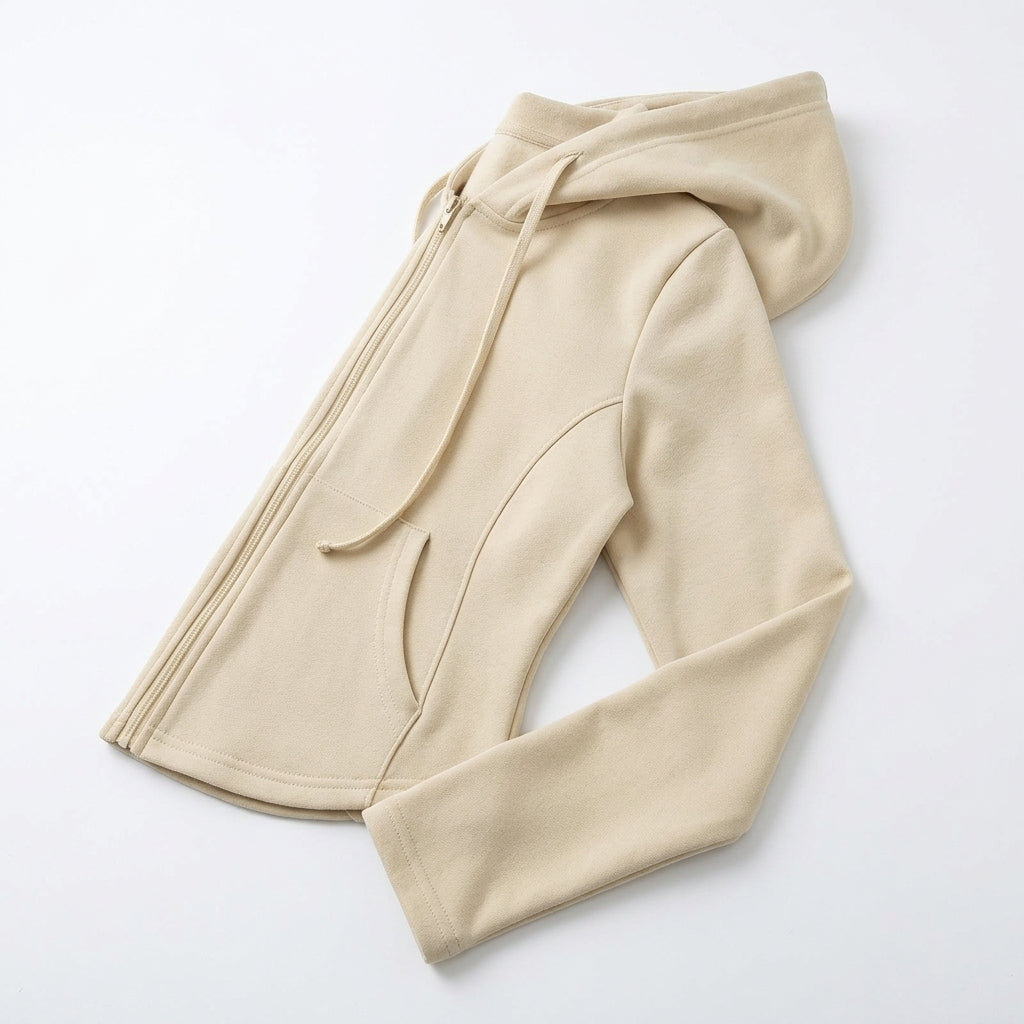 [WHOLESALE ONLY - CONTACT TO ORDER] Women's Premium 320GSM 85% Cotton Fleece Corset-Waist Curved-Hem Full-Zip Cropped Hoodie (Warm Oat Milk Khaki) [AW-111]