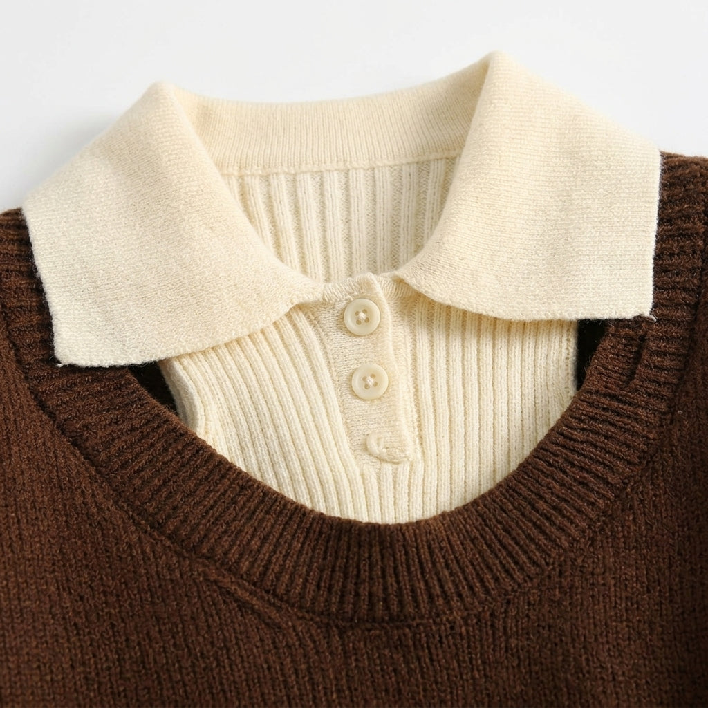 [WHOLESALE ONLY - CONTACT TO ORDER] Women's Preppy 2-in-1 Layered Cropped Knit Pullover Sweater with Ribbed Polo Collar Insert & Distressed Sleeve Details (Espresso Brown & Cream White) [AW-221]