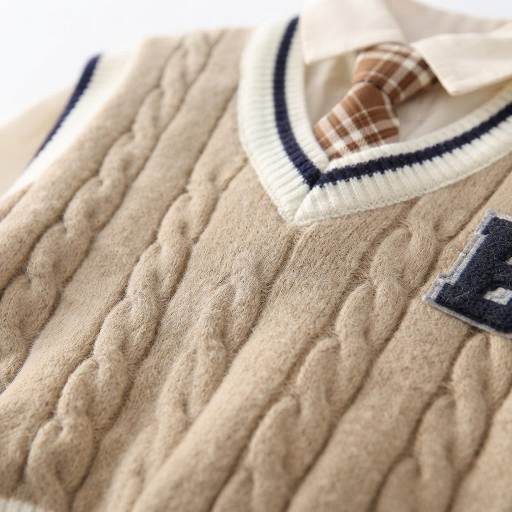 [WHOLESALE ONLY - CONTACT TO ORDER] Toddler Boys 3-Piece Gentleman Outfit Set - Cable Knit Sweater Vest, Long Sleeve Collared Shirt with Plaid Tie & Elastic Waist Chino Pants[KW-102]