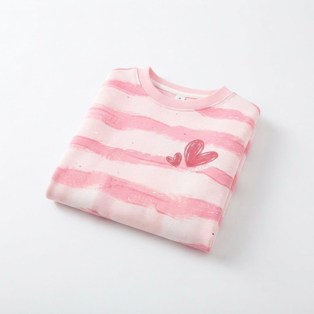 [WHOLESALE ONLY - CONTACT TO ORDER] Toddler Baby Girls Watercolor Brushstroke Striped Fleece Sweatshirt - Pink Double Heart Graphic Pullover [KW-130]