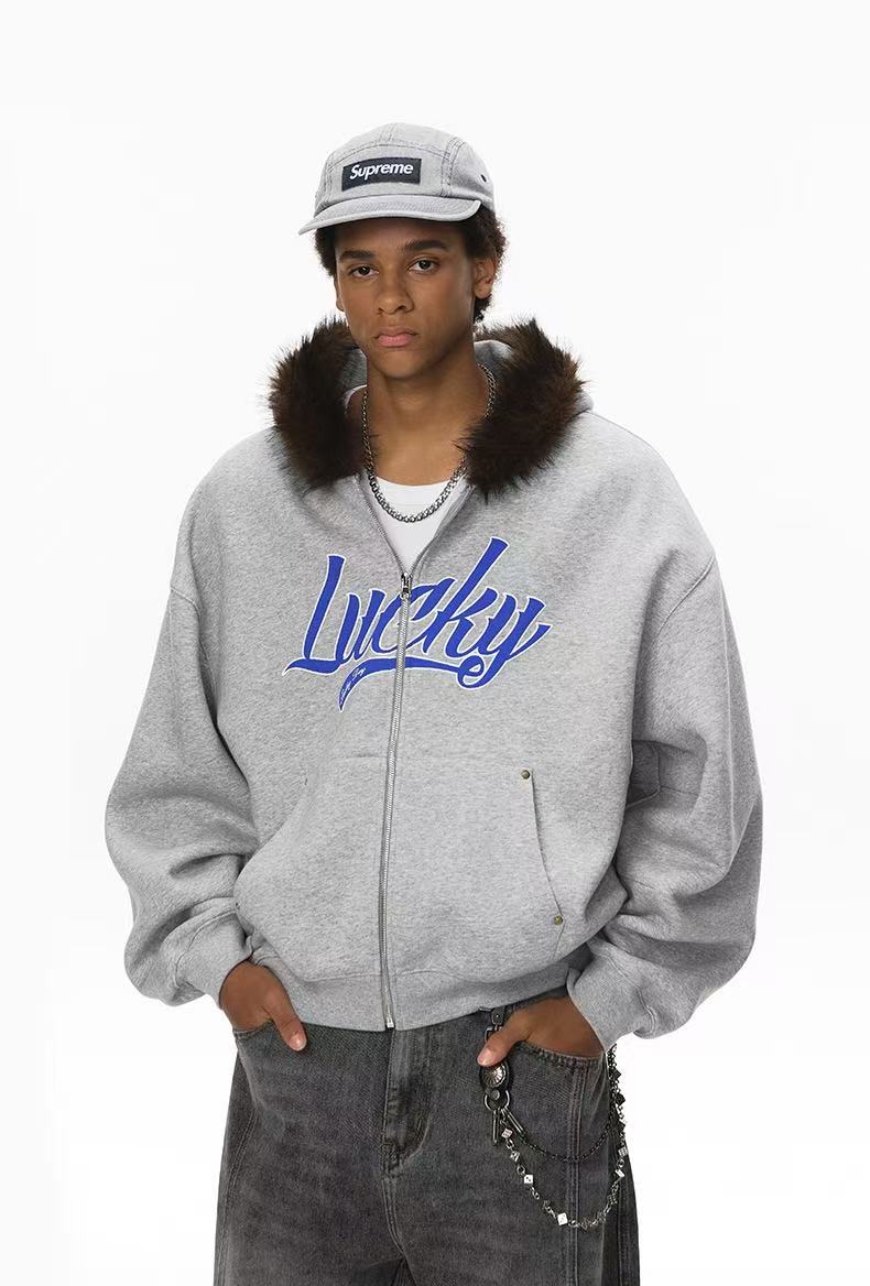 Winter ’25 Boxy Cropped Hoodie with Embroidered Accents and Plush Collar
