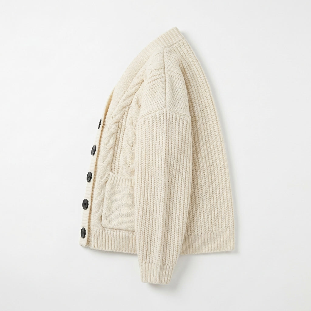 [WHOLESALE ONLY - CONTACT TO ORDER] Women's Chunky Knit Hooded Oversized Button Cardigan Sweater with Contrast Buttons & Dual Patch Pockets (Warm Oatmeal Cream) [AW-199]