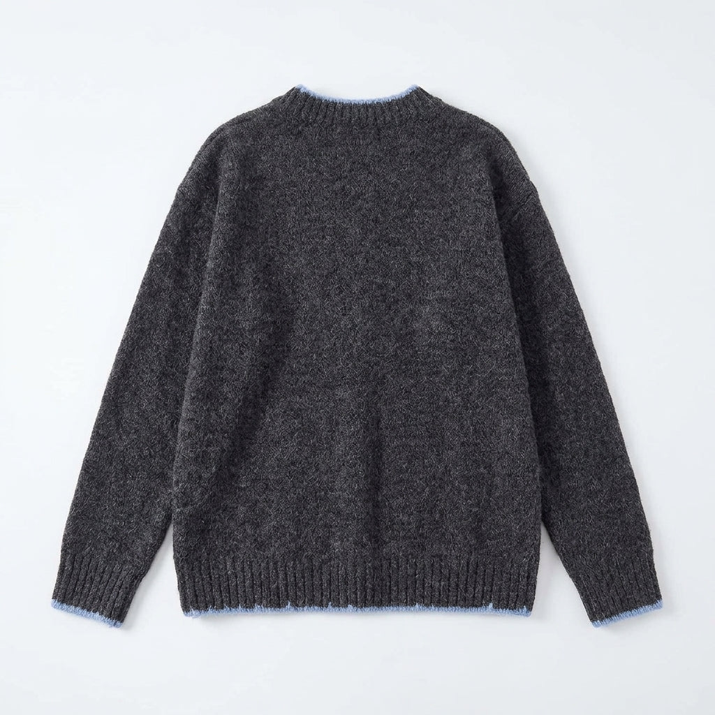 [WHOLESALE ONLY - CONTACT TO ORDER] Women's / Unisex Whimsical Fuzzy Penguin & Red Apple Intarsia Knit Sweater with Contrast Sky Blue Scalloped Tipping (Heather Charcoal Grey) [AW-234]