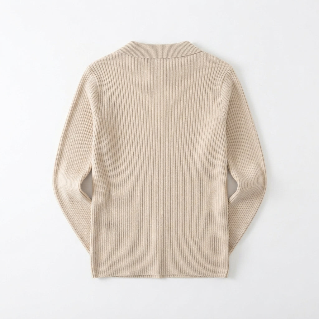 [WHOLESALE ONLY - CONTACT TO ORDER] Women's Ribbed Knit Contrast Tipped Polo Collar Quarter-Zip Pullover Sweater with Ring Pull (Heather Oatmeal & Black) [AW-209]