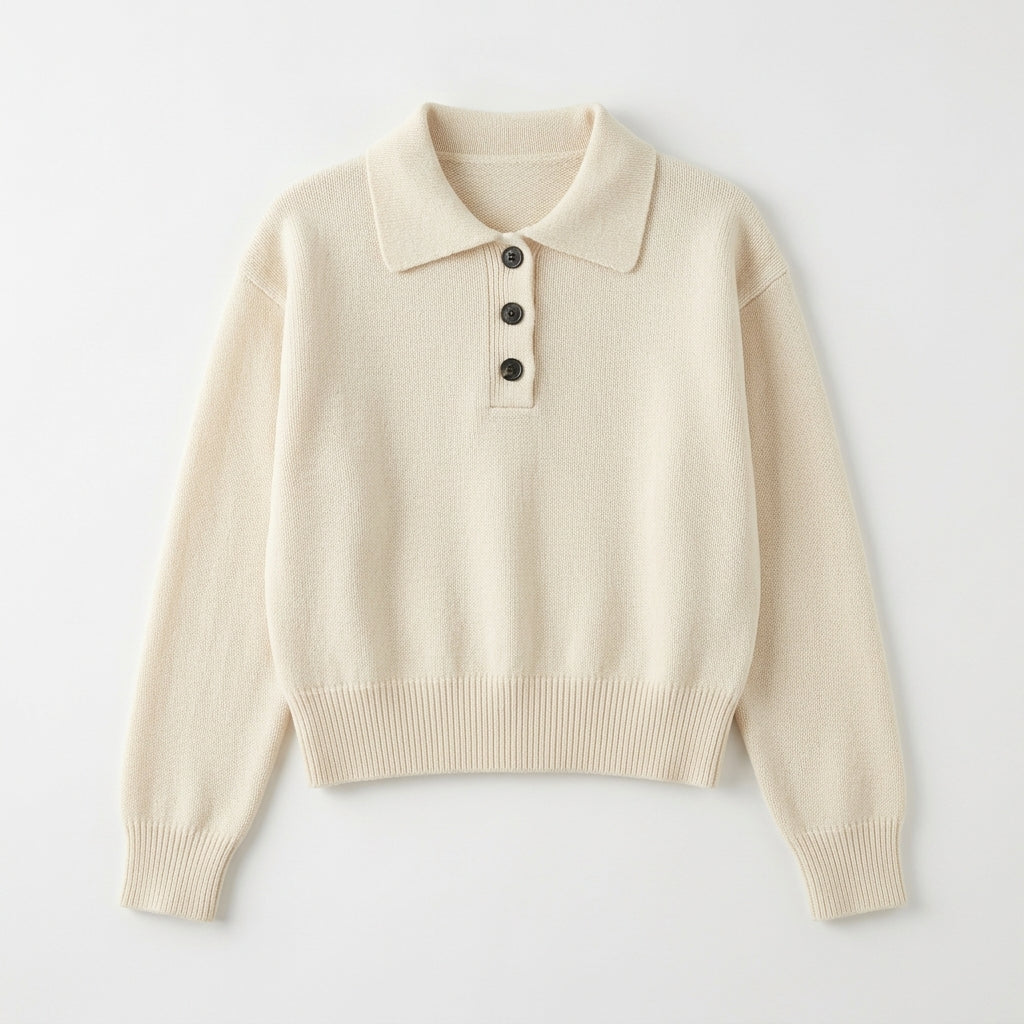 [WHOLESALE ONLY - CONTACT TO ORDER] Women's Preppy Plain Knit Polo Collar Henley Pullover Sweater with Marbled Tortoise Buttons (Cream Ivory) [AW-216]