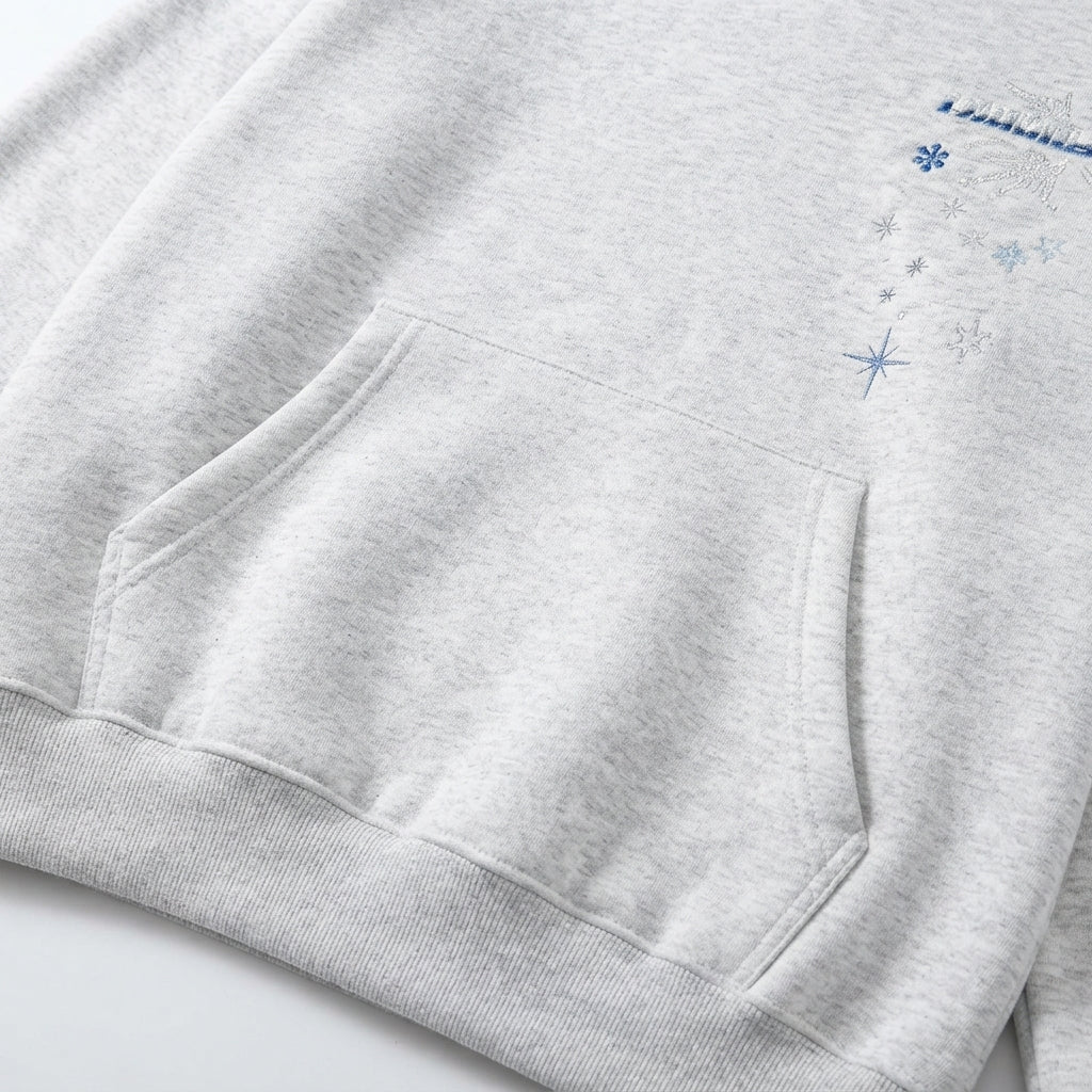 [WHOLESALE ONLY - CONTACT TO ORDER] Unisex Heavyweight 380GSM 85% Combed Cotton Fleece Snowflake & Star Embroidered Pullover Hoodie (Heather Light Grey) [AW-117]