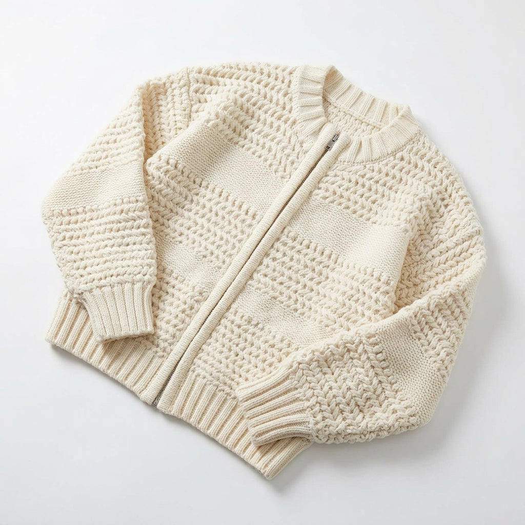 [WHOLESALE ONLY - CONTACT TO ORDER] Women's Chunky Textured Mock Neck Zip-Up Bomber Cardigan Sweater with Dimensional Honeycomb & Garter Stitching (Warm Cream Ivory) [AW-218]
