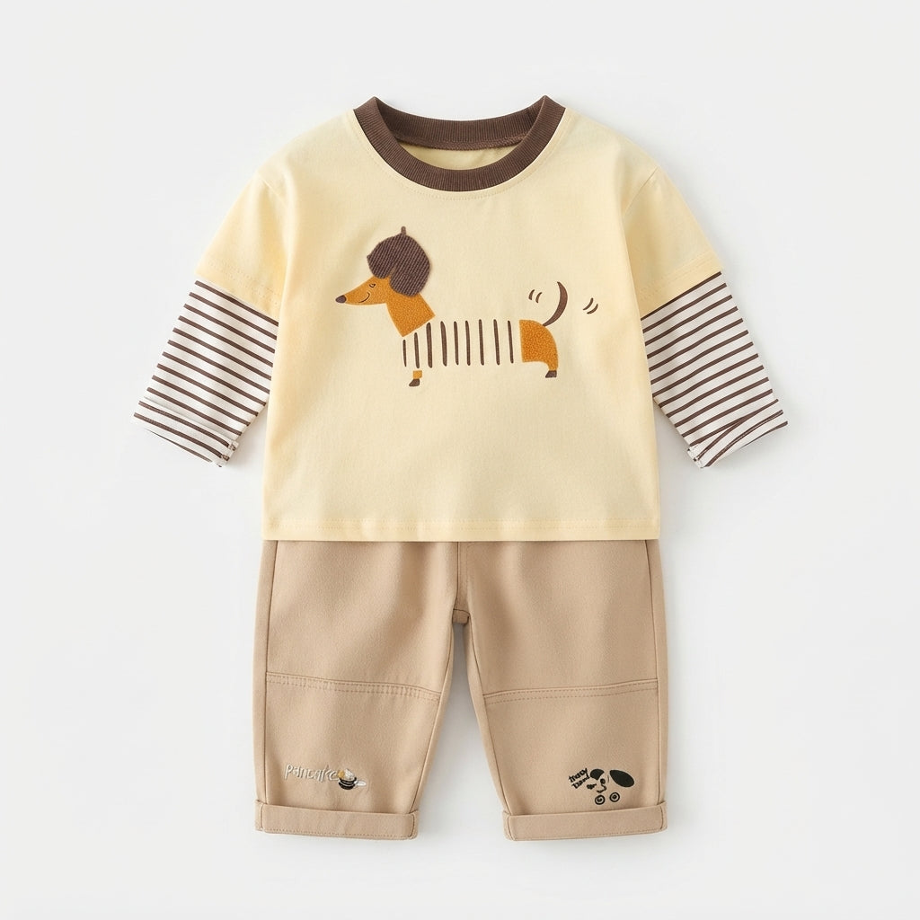 [WHOLESALE ONLY - CONTACT TO ORDER] Toddler Boys 2-Piece Faux Layered Striped Long Sleeve T-Shirt & Chino Pants Set - Cute Dachshund Dog Print Autumn Loungewear [KW-151]