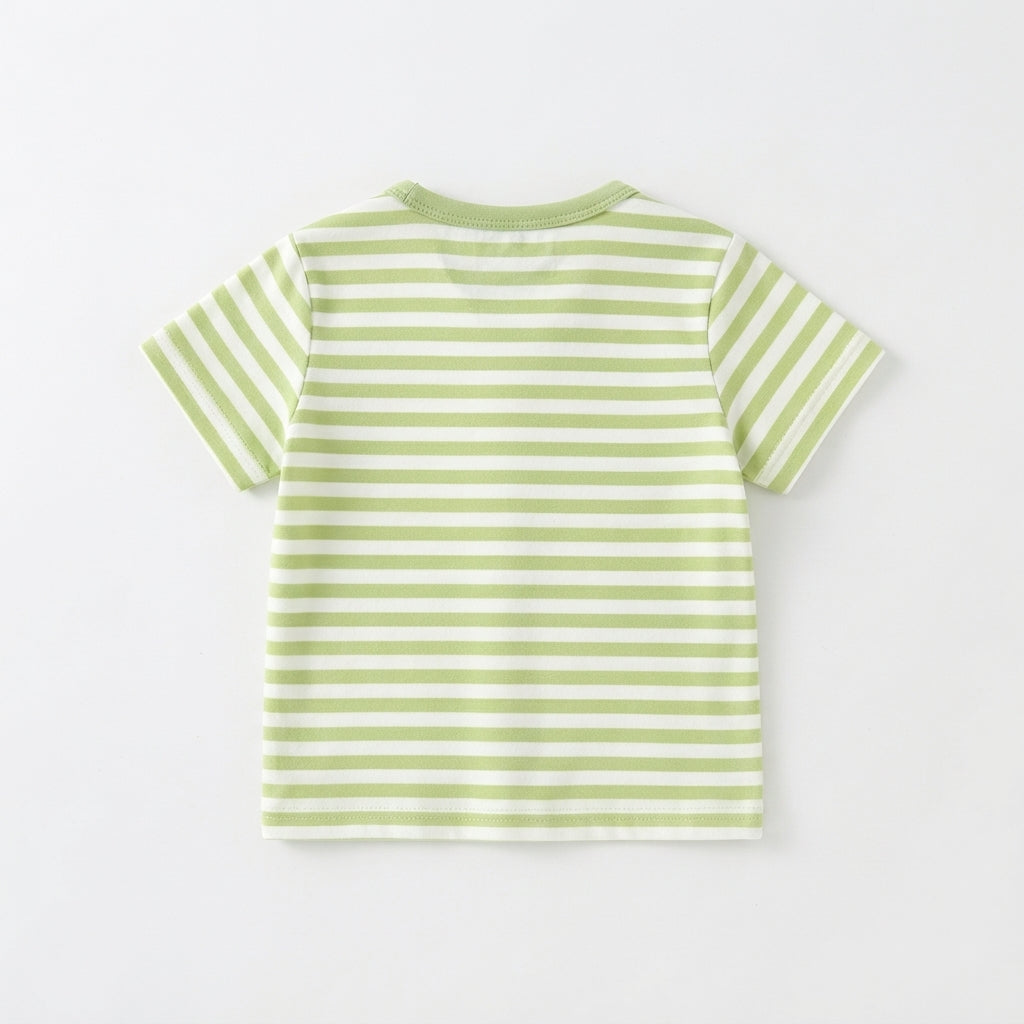 [WHOLESALE ONLY - CONTACT TO ORDER] Toddler Baby Sage Green Striped Short Sleeve T-Shirt - 3D Fuzzy Sherpa Teddy Bear Patch Summer Tee[KW-141]