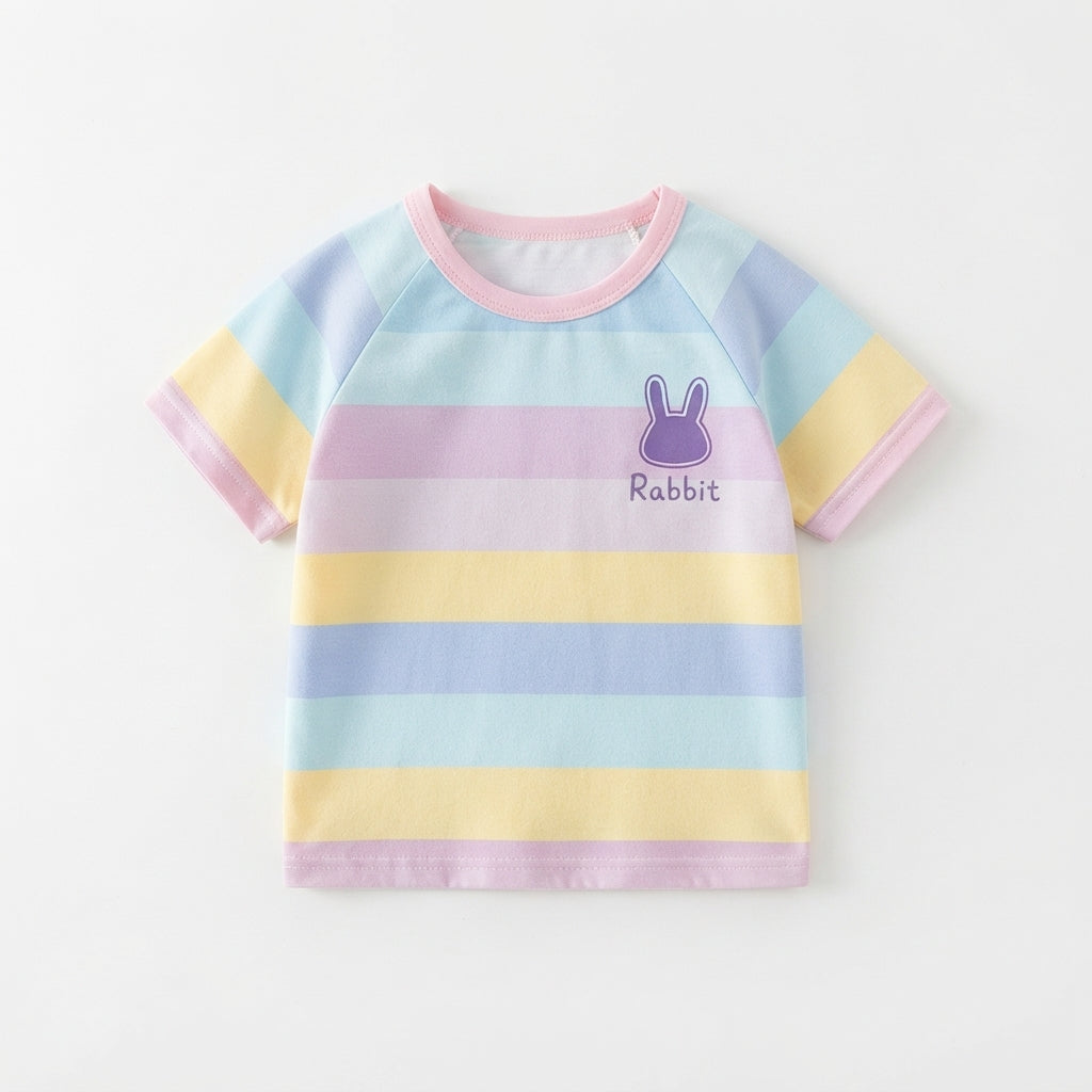 [WHOLESALE ONLY - CONTACT TO ORDER] Toddler Baby Girls Pastel Rainbow Striped Short Sleeve T-Shirt - Cute Purple Bunny Graphic Summer Tee [KW-144]