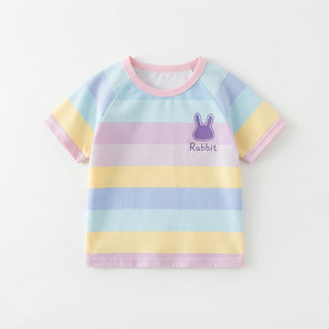 [WHOLESALE ONLY - CONTACT TO ORDER] Toddler Baby Girls Pastel Rainbow Striped Short Sleeve T-Shirt - Cute Purple Bunny Graphic Summer Tee [KW-144]