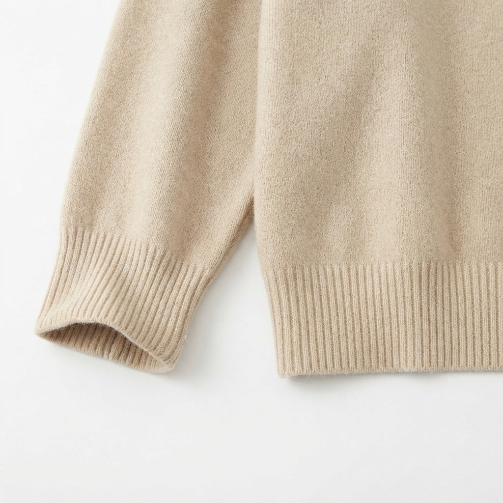[WHOLESALE ONLY - CONTACT TO ORDER] Women's Ultra-Soft Cashmere-Feel Plain Knit Polo Collar Quarter-Zip Pullover Sweater with Suede Leather Pull (Heather Oatmeal Melange) [AW-215]