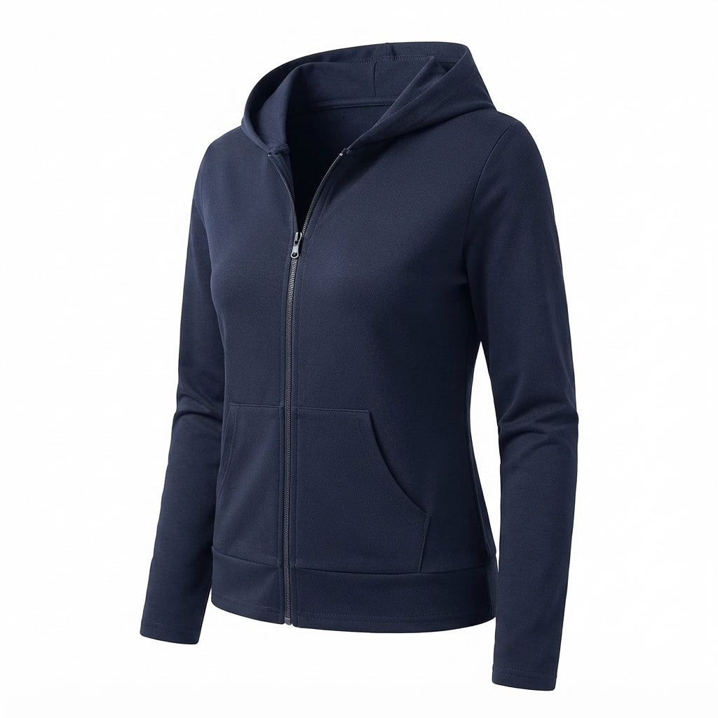 [WHOLESALE ONLY - CONTACT TO ORDER] Women's Heavyweight 340GSM 85% Combed Cotton Fleece Slim-Fit Full-Zip Hoodie with Kangaroo Pockets (Midnight Navy) [AW-105]
