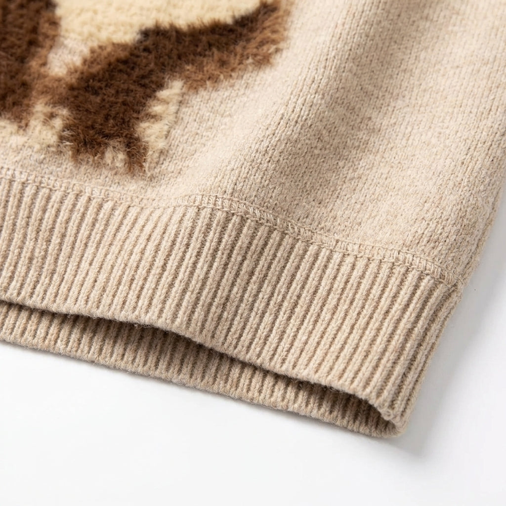 [WHOLESALE ONLY - CONTACT TO ORDER] Women's / Unisex Cozy Asymmetric Buttoned Fold-Over Collar Knit Sweater with 3D Fuzzy Puppy in Fair Isle Vest Graphic (Heather Oatmeal Beige) [AW-236]