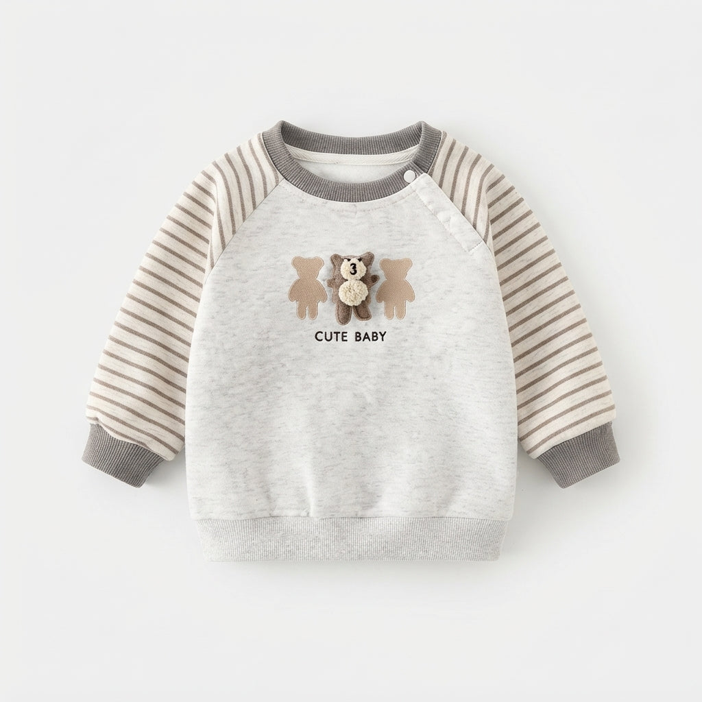 [WHOLESALE ONLY - CONTACT TO ORDER] Toddler Baby Fleece Crewneck Sweatshirt - 3D Fuzzy Teddy Bear Patchwork Striped Raglan Sleeve Pullover [KW-138]