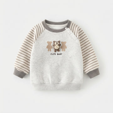 [WHOLESALE ONLY - CONTACT TO ORDER] Toddler Baby Fleece Crewneck Sweatshirt - 3D Fuzzy Teddy Bear Patchwork Striped Raglan Sleeve Pullover [KW-138]
