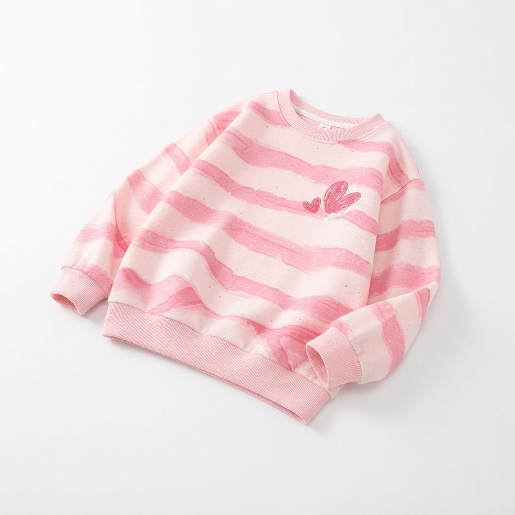 [WHOLESALE ONLY - CONTACT TO ORDER] Toddler Baby Girls Watercolor Brushstroke Striped Fleece Sweatshirt - Pink Double Heart Graphic Pullover [KW-130]
