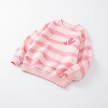 [WHOLESALE ONLY - CONTACT TO ORDER] Toddler Baby Girls Watercolor Brushstroke Striped Fleece Sweatshirt - Pink Double Heart Graphic Pullover [KW-130]