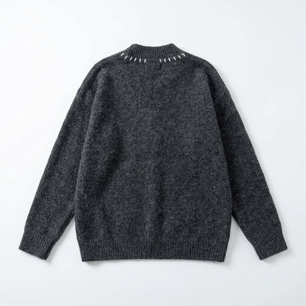 [WHOLESALE ONLY - CONTACT TO ORDER] Women's / Unisex Retro Whimsical Kitten Intarsia Fuzzy Knit Henley Sweater with Contrast Collar Hand-Stitch Detailing (Heather Charcoal Grey) [AW-231]