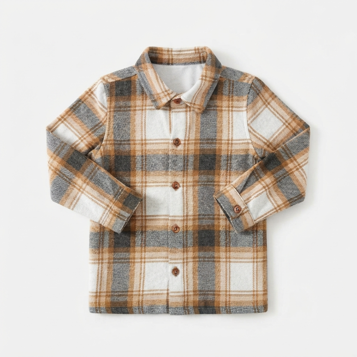 [WHOLESALE ONLY - CONTACT TO ORDER] Toddler Kids Brown Plaid Brushed Flannel Button-Down Shirt Jacket - Heavyweight Cotton Blend Shacket (Do Not Order Directly)