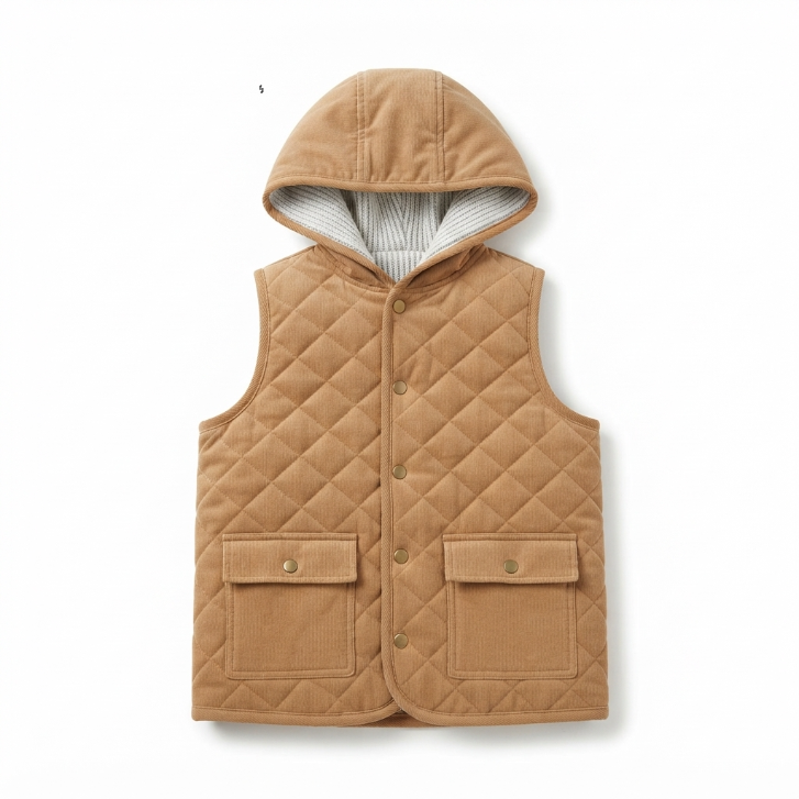 [WHOLESALE ONLY - CONTACT TO ORDER] Toddler Kids Caramel Tan Quilted Hooded Vest - Sherpa Lined Cotton Puffer Gilet with Flap Pockets (Do Not Order Directly)