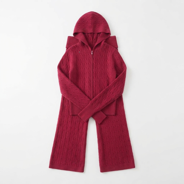 [WHOLESALE ONLY - CONTACT TO ORDER] Women's Cable-Knit Zip-Up Hooded Sweater and High-Waist Flare Pants 2-Piece Lounge Set Red - Do Not Buy Direct