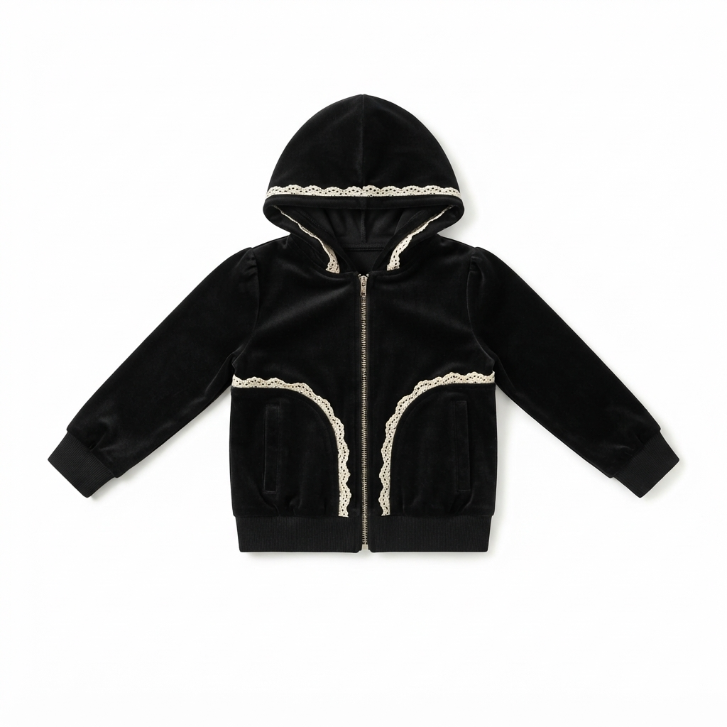 [WHOLESALE ONLY - CONTACT TO ORDER] Toddler & Girls Black Velour Zip-Up Hoodie & Foldover Flare Pants 2-Piece Set with Crochet Lace Trim - Catalog Display Only (Do Not Order Directly)