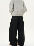 Unisex Vintage Black Denim Scimitar-Cut Wide-Leg Pants [DROP2-008]