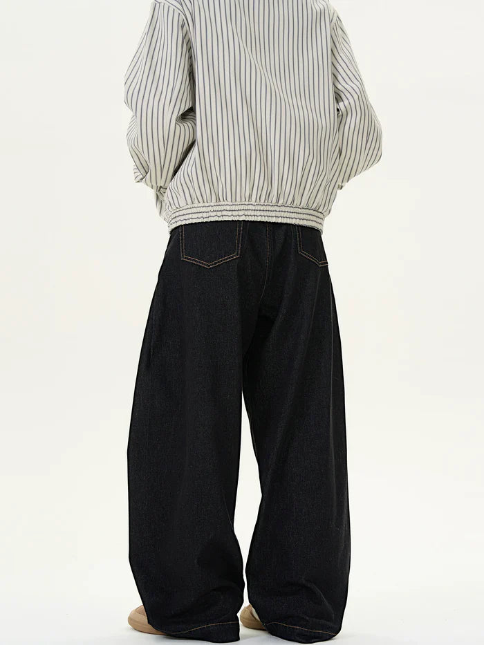 Unisex Vintage Black Denim Scimitar-Cut Wide-Leg Pants [DROP2-008]