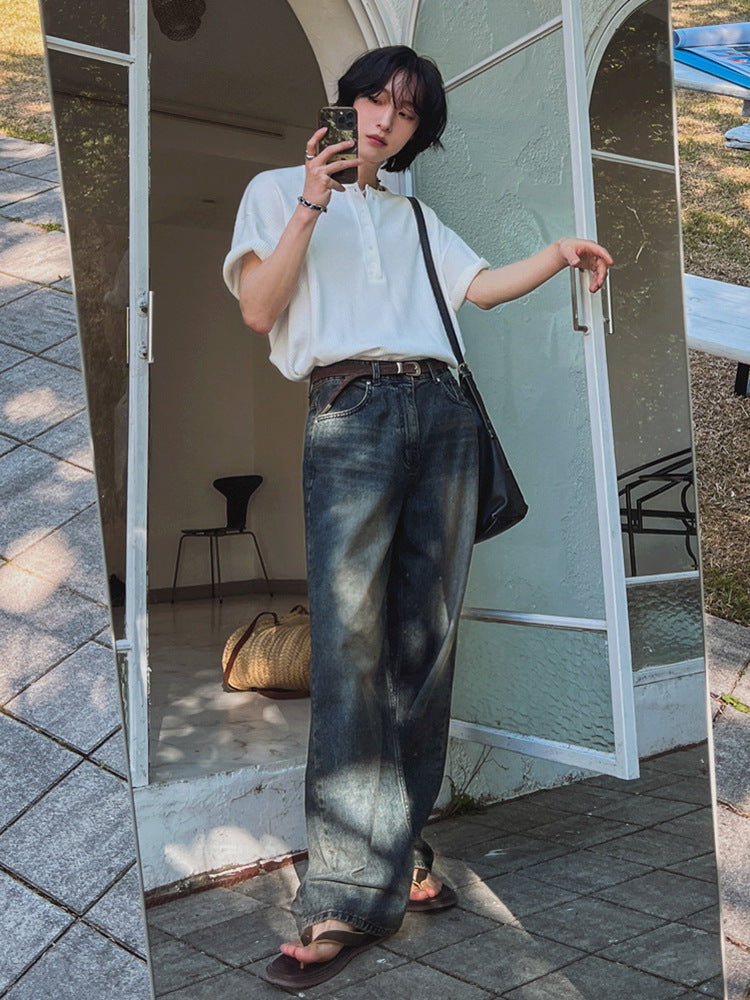 Men’s Henley T-Shirt, Loose Fit Short Sleeve Tee, Summer Casual Top, Korean Style Minimalist Everyday Wear[NA-018]