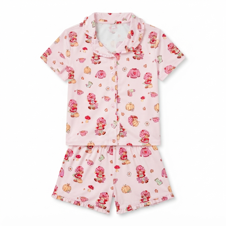 [WHOLESALE ONLY - CONTACT TO ORDER] Women's Strawberry Shortcake Fall Harvest Pajama Set 2-Piece Ruffle Trim Button-Down Top and Shorts Pink - Do Not Buy Direct