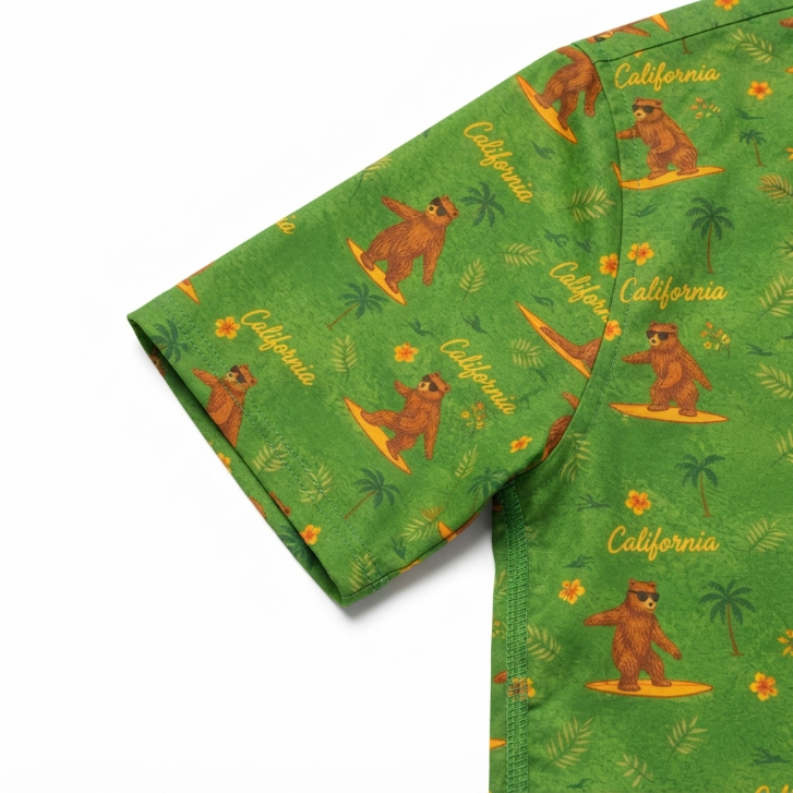 [WHOLESALE ONLY - CONTACT TO ORDER] Men's California Surfing Bear Hawaiian Aloha Shirt Retro Green Short Sleeve Resort Beach Button Up - Do Not Buy Direct