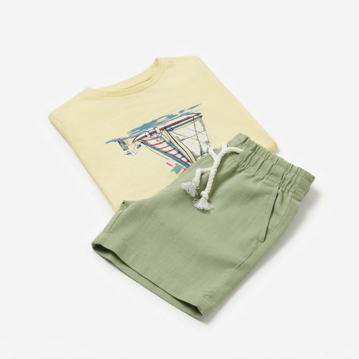 [WHOLESALE ONLY - CONTACT TO ORDER] Toddler & Boys 2-Piece Summer Sailboat Graphic T-Shirt & Sage Green Cotton Shorts Set - Catalog Display Only (Do Not Order Directly)