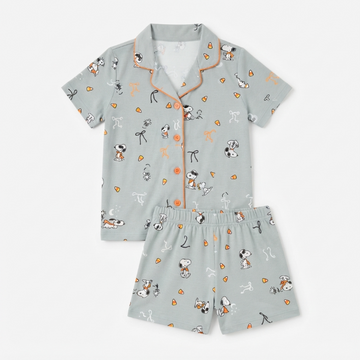 [WHOLESALE ONLY - CONTACT TO ORDER] Women's Halloween Snoopy Vampire Pajama Set 2-Piece Short Sleeve Button-Down Top and Shorts Grey - Do Not Buy Direct