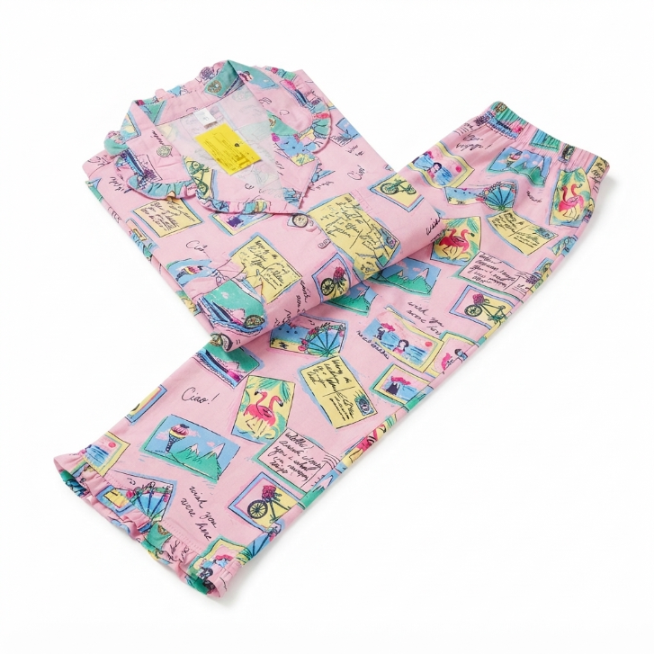 [WHOLESALE ONLY - CONTACT TO ORDER] Women's Travel Postcard Print Ruffle Pajama Set 2-Piece Short Sleeve Button-Down Top and Pants - Do Not Buy Direct