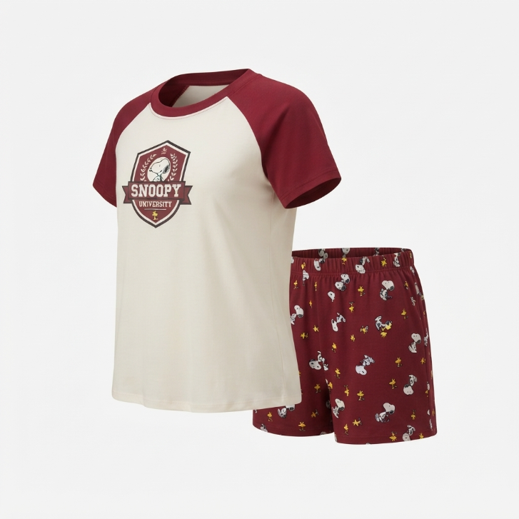 [WHOLESALE ONLY - CONTACT TO ORDER] Women's Snoopy University Raglan Pajama Set 2-Piece Short Sleeve Graphic Tee and Shorts Burgundy - Do Not Buy Direct