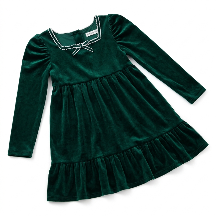 [WHOLESALE ONLY - CONTACT TO ORDER] Toddler & Girls Emerald Green Velvet Long Sleeve Ruffle Tiered Holiday Party Dress with Lace Square Neck - Catalog Display Only (Do Not Order Directly)