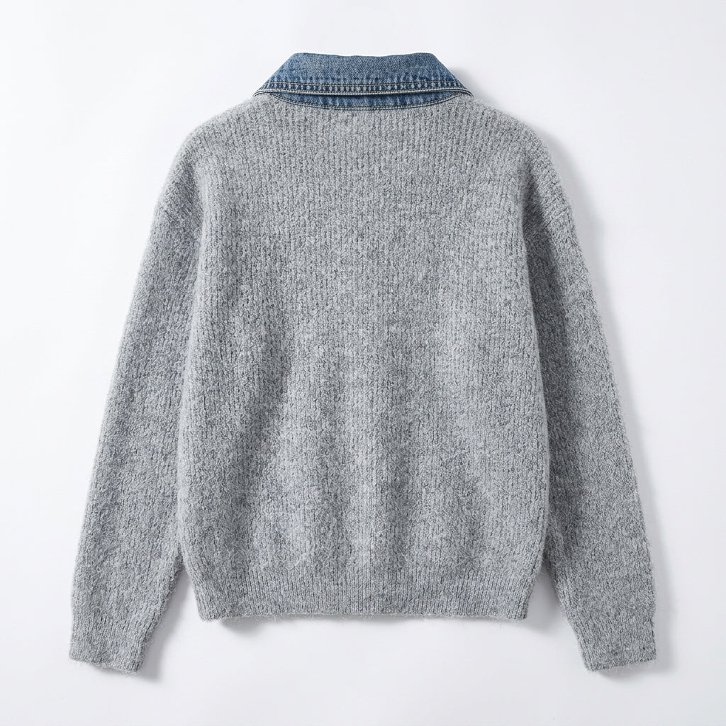 [WHOLESALE ONLY - CONTACT TO ORDER] Women's Hybrid Denim-Spliced Fuzzy Knit Button-Front Jacket Cardigan with Washed Denim Collar & Chest Pocket (Heather Grey & Medium Wash Denim) [AW-212]