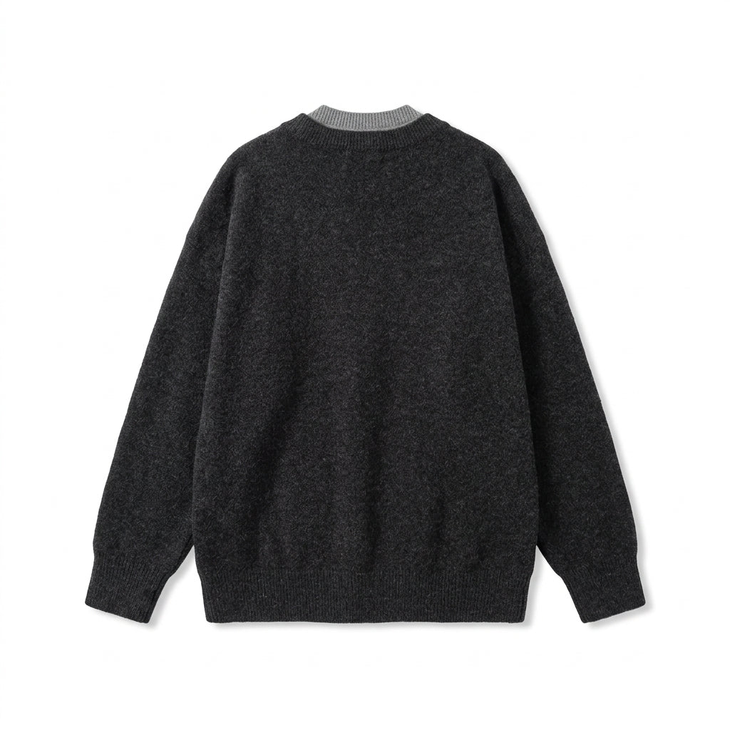 [WHOLESALE ONLY - CONTACT TO ORDER] Women's / Unisex Preppy 2-in-1 Layered Deep V-Neck Knit Pullover Sweater with Ribbed Henley Insert (Heather Charcoal Grey & Heather Light Grey) [AW-223]