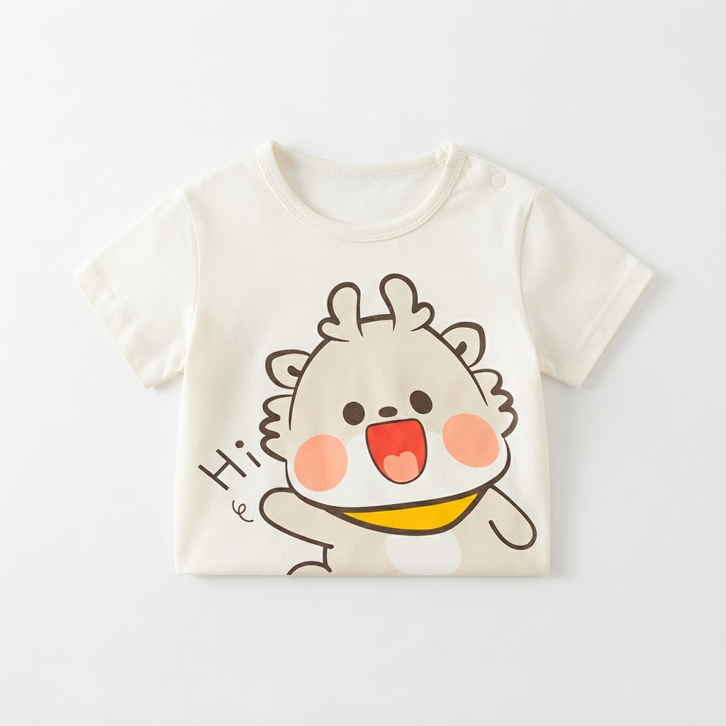 [WHOLESALE ONLY - CONTACT TO ORDER] Toddler Baby Short Sleeve Graphic T-Shirt - Cute Cartoon Animal "Hi" Print Shoulder Snap Cotton Tee [KW-147]