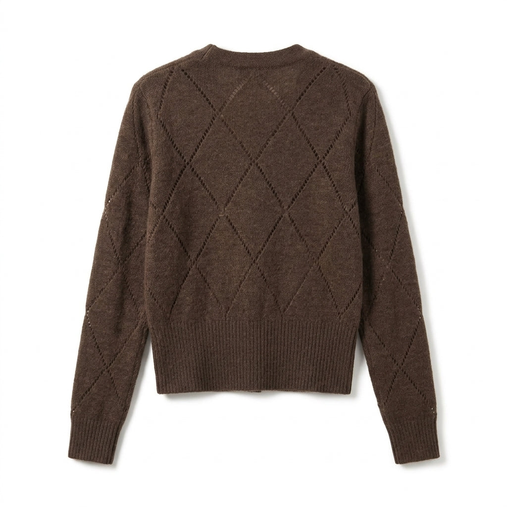 [WHOLESALE ONLY - CONTACT TO ORDER] Women's Classic Pointelle Diamond-Trellis Cable-Knit Crewneck Cardigan with Wooden Buttons (Heather Mocha Brown) [AW-235]