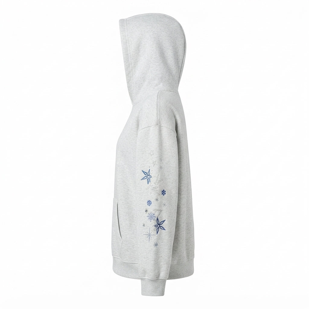 [WHOLESALE ONLY - CONTACT TO ORDER] Unisex Heavyweight 380GSM 85% Combed Cotton Fleece Snowflake & Star Embroidered Pullover Hoodie (Heather Light Grey) [AW-117]